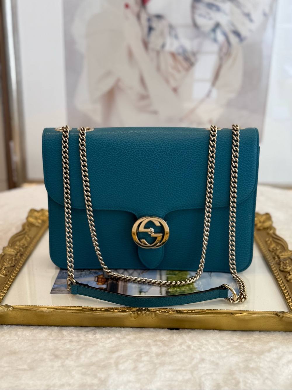 Gucci Interlocking  Teal Leather Chain Shoulder Bag with GG Hardware